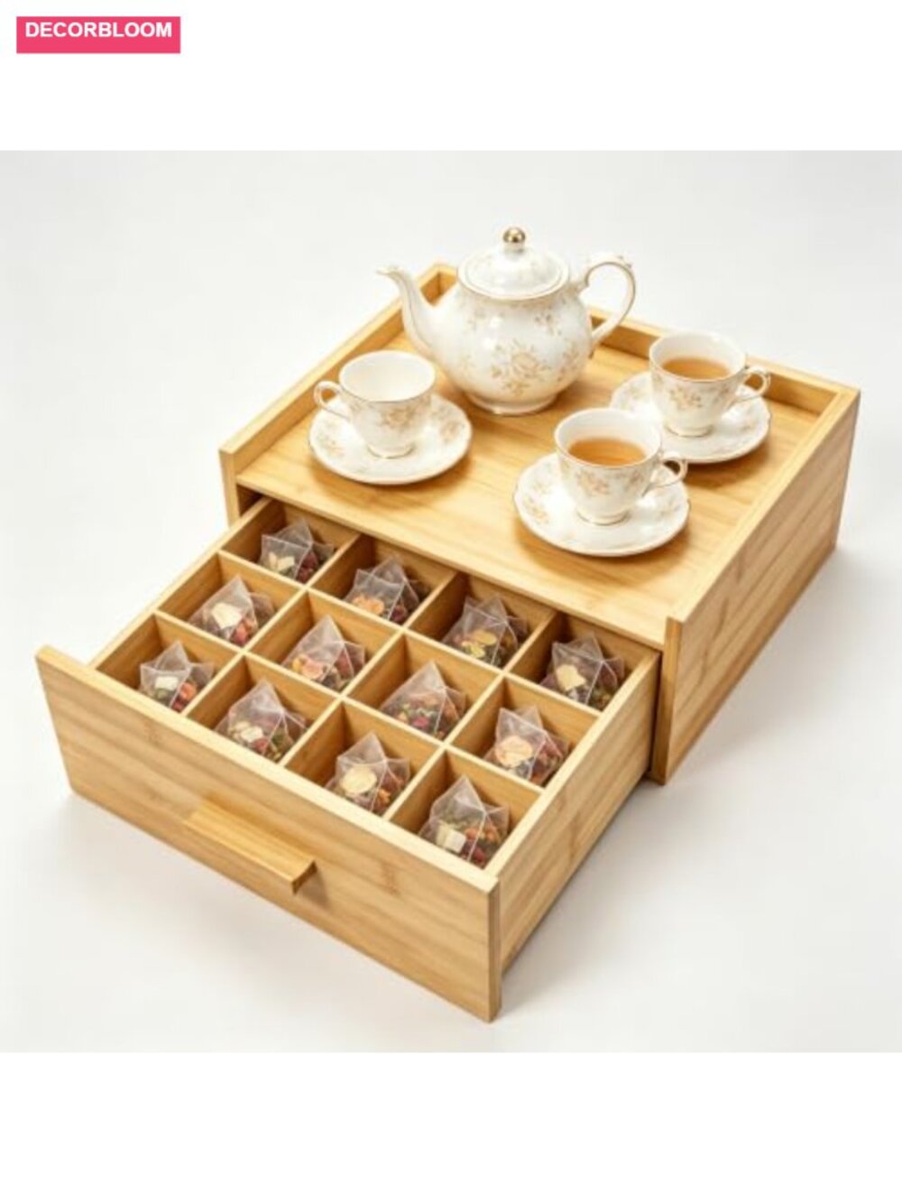 Bamboo Tea Bag Organizer Storage Box with Drawer 12-Compartment Countertop Tea